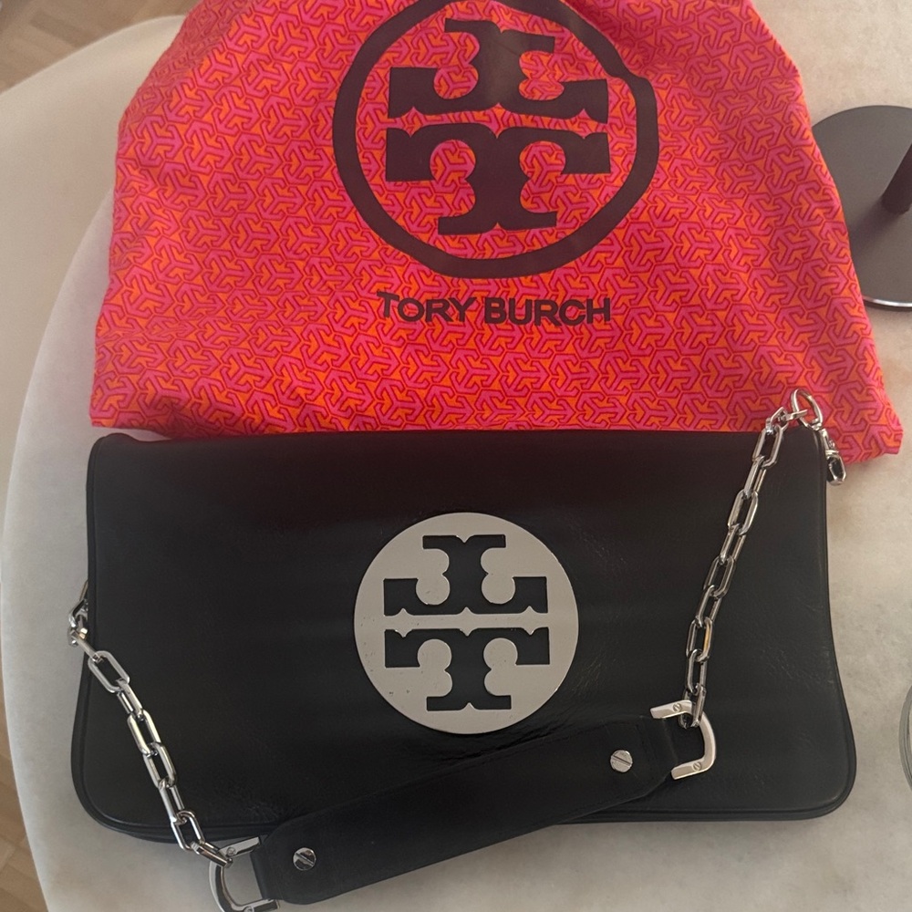 Tory Burch Black Leather Bag with Silver Logo
